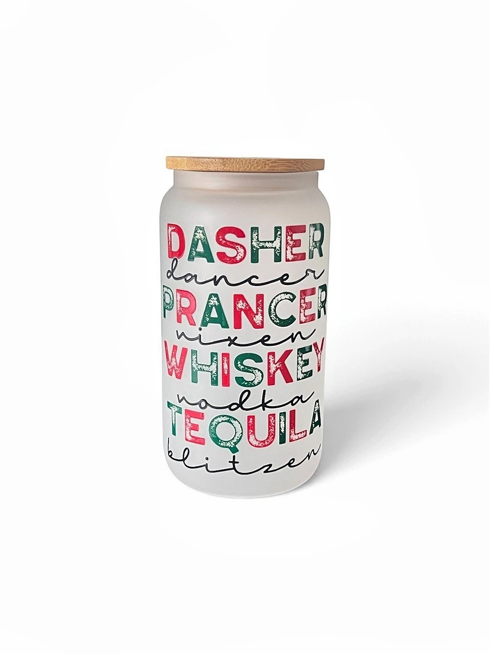Dasher Dancer Prancer Whiskey Tequila glass with bamboo lid and straw brand new